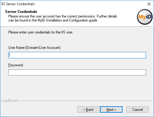 Installation provide IIS user details screen